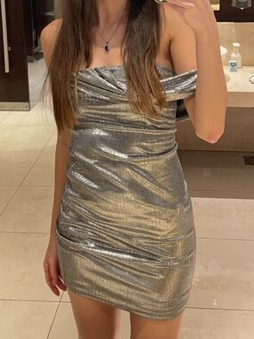 superdown Metallic Off-Shoulder Mini Dress in Silver